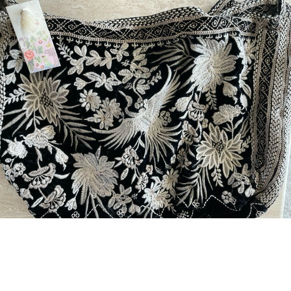 Johnny Was Othilia Black White Floral Special Velvet Tote Bag Handbag Purse NEW - Picture 10 of 12